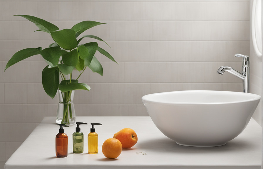 Create An Image Depicting A Bathroom Scene With Strategically Placed Fruit Fly Traps Or Natural Rep 874372353 